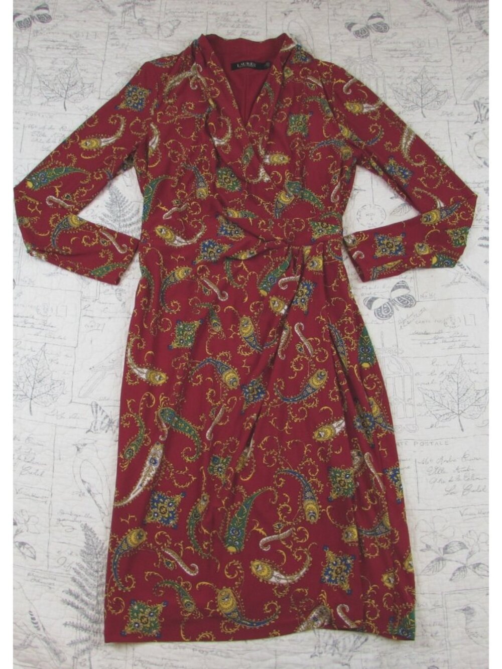 Lauren Ralph Lauren Faux Wrap Dress Womens Red Paisley Long Slv Black Label 8P